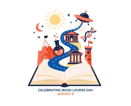 Book lovers day illustration with open book and fantasy elements