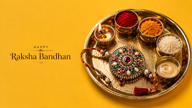 Happy raksha bandhan festive puja thali with ornate rakhi diya kumkum turmeric rice and sweets on yellow rakhi purnima background celebration concept