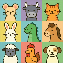 Naklejka premium Colorful Cartoon Animals Vector Funny Cute