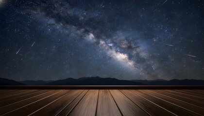 Obraz premium Bright Perseid meteor streaks and the Milky Way galaxy illuminate dark mountain peaks viewed from a wooden terrace for an August night sky stargazing concept
