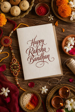 Happy raksha bandhan greeting card with decorative rakhis sweets flowers kumkum rice and glowing diyas on rustic table for rakhi purnima celebration