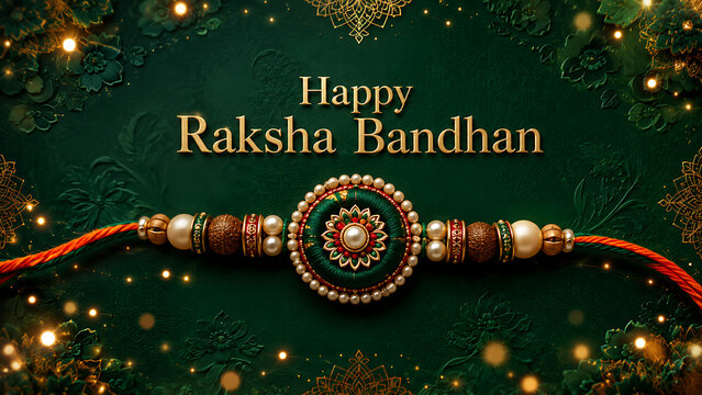Happy raksha bandhan elegant green pearl rakhi with wooden beads orange threads on dark emerald floral background celebrating rakhi purnima festival tradition