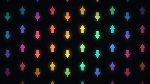 Rainbow Neon Arrows Abstract Background, Vibrant Spectrum Up and Down Arrows Loop. Colorful Glowing Arrow Grid Seamless Loop