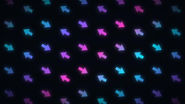 Rotating Neon Arrows Abstract Background, Pink and Cyan Glowing Direction Loop. Futuristic Cyberpunk Arrow Pattern Seamless Loop