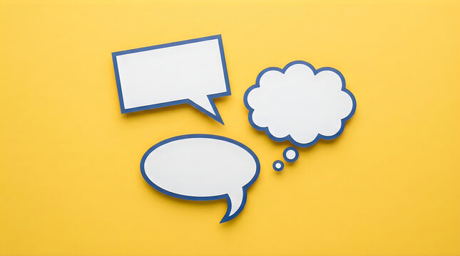 3D speech bubble icons set with comic talk clouds and chat message boxes isolated on yellow background