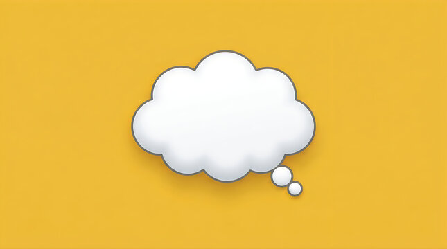 3D white cloud speech bubble on vibrant yellow background for thought, message, and communication concept