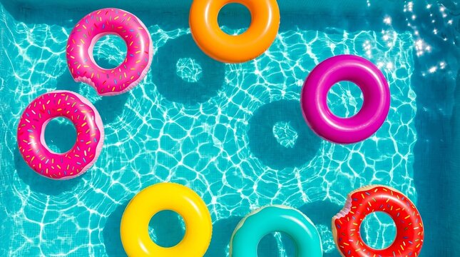 Vibrant collection of donut pool floats on the surface of a sunny blue pool.