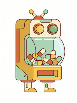 Cute vending machine robot with gumball capsule window, retro flat vector character