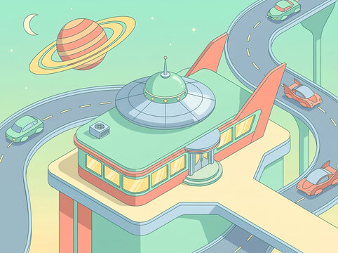 Space age roadside diner at road intersection under ringed planet sky, retro vector illustration