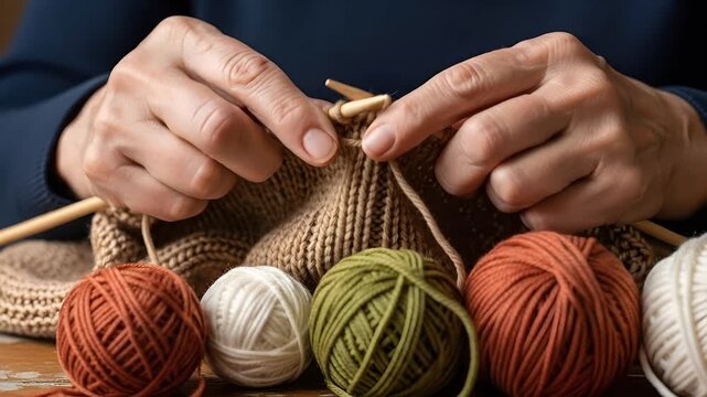 Close up of hands knitting with wooden needles and colorful yarn balls on a wooden table