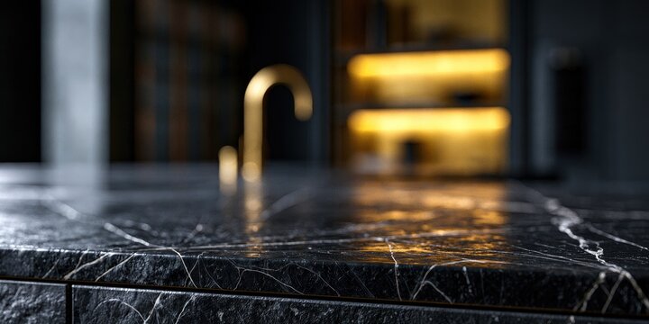 Luxurious dark marble countertop with a modern brass faucet and warm cabinet lighting