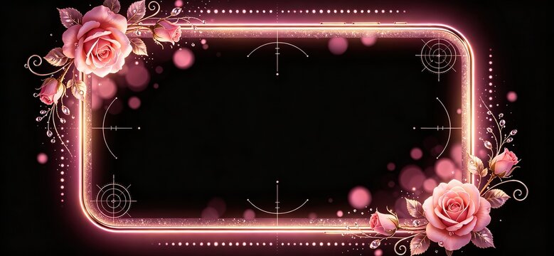Romantic Elegant Pink Rose Dewdrops Glowing Gold Neon Border Crosshair Bokeh Luxury 3D