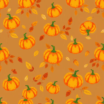 Colorful pumpkin pattern with autumn leaves on a warm background