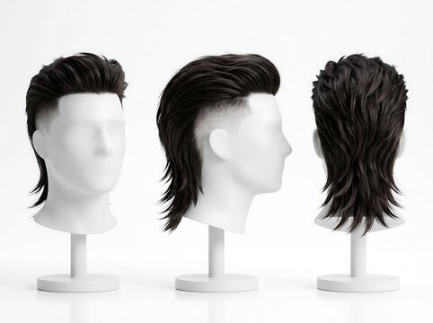 Three White Mannequin Heads Displaying Black Mullet Hairstyle from Different Angles