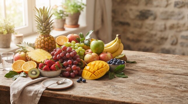 Fresh assorted fruits on a rustic wooden table with natural lighting