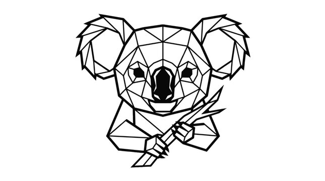 Geometric low poly koala head illustration holding eucalyptus leaves, minimalist line art animal design