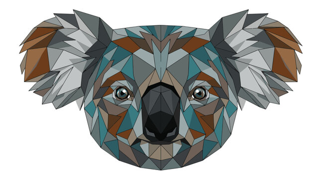 Geometric polygonal head koala portrait in abstract low poly style with earthy tones and teal accents