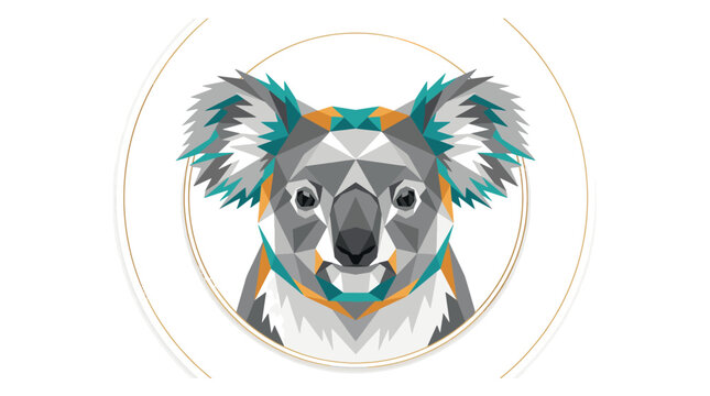 Geometric low poly head koala portrait with teal and orange accents in a circular frame