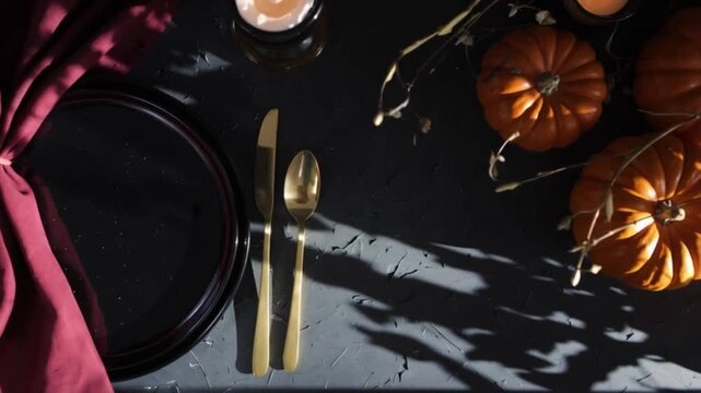 Elegant dark autumn table setting with pumpkins golden cutlery black plate burgundy napkin lit candles festive mood top view thanksgiving dinner
