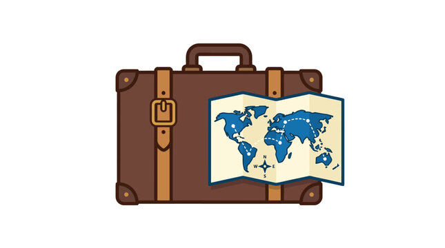 A vintage suitcase with an open world map vector icon