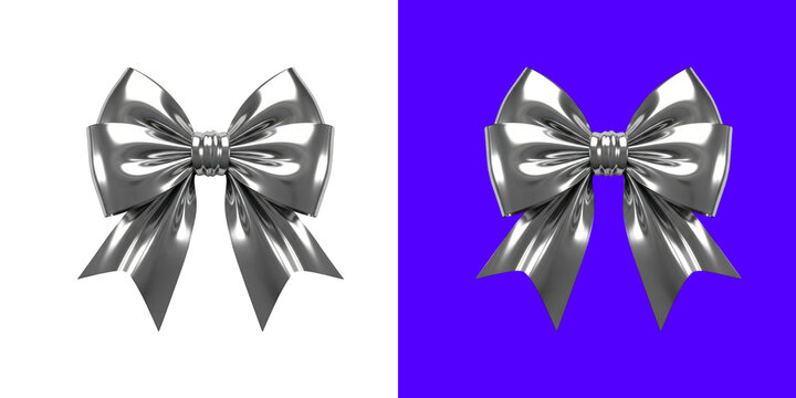 Shiny metallic silver gift ribbon bow 3D render design transparent png