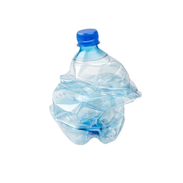 An empty smashed blue plastic bottle, isolated on white background