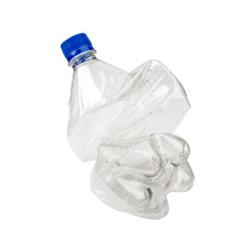 An empty smashed white plastic bottle, isolated on white background