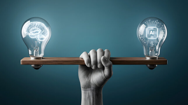 Hand holding wooden plank balancing lightbulbs with brain and digital chip icons as a concept, thinking