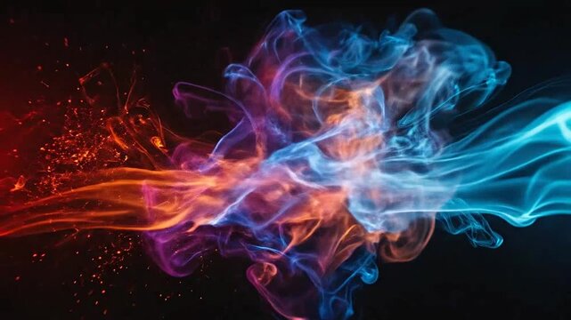 Abstract clouds of orange and blue smoke collide in darkness