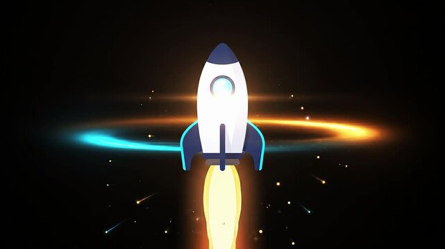Rocket launch spacecraft flying into space with glowing particle effects motion graphics animation