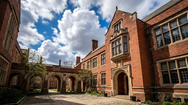 Historic red brick academic building with Gothic architecture.