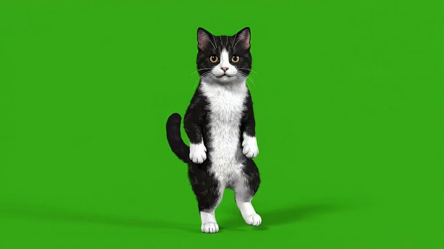 A cute tuxedo cat stands on its hind legs looking forward with curious eyes while performing a playful dance movement in a vibrant environment that suggests a joyful pet moment for animal lovers