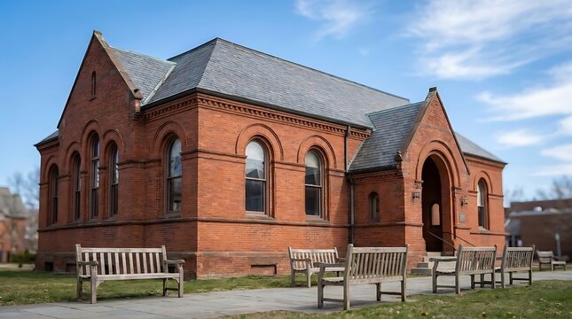 Historic red brick building on university campus.