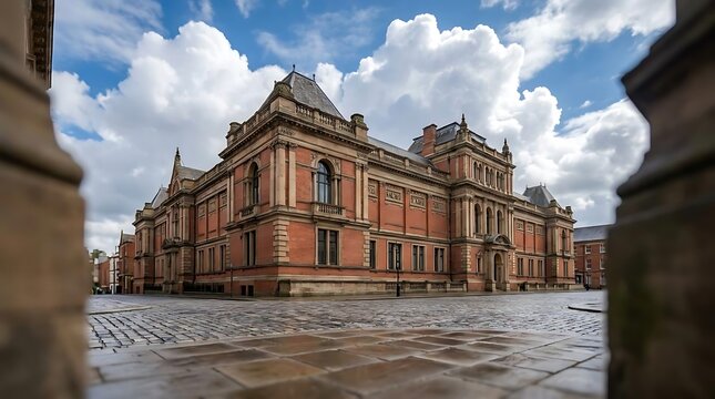 Historic red brick European building under cloudy sky.