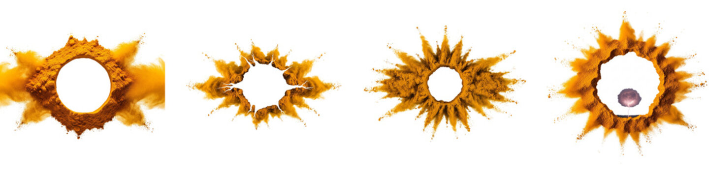Yellow turmeric powder circular explosion collection on black background