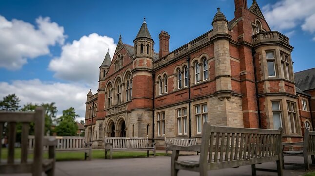 Historic red brick university building with gothic architecture.