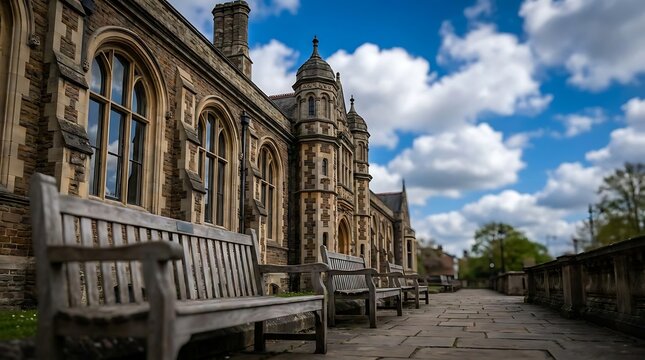 Historic stone architecture with wooden park benches.