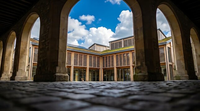 Historic stone archway view of courtyard architecture.