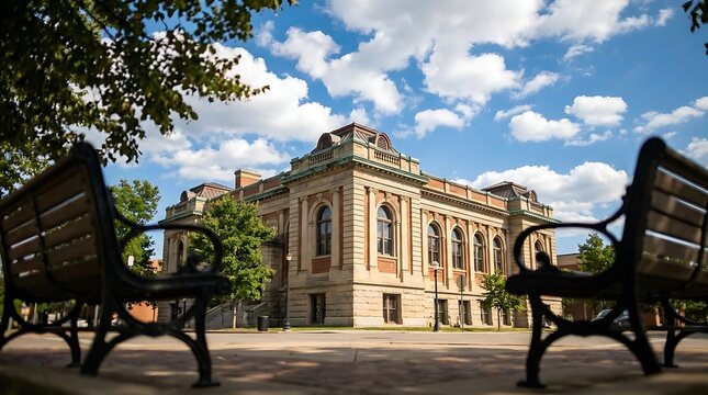Historic stone building facade behind empty park benches.