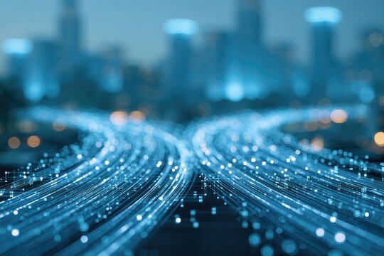 Streaks of blue light illuminate diverging paths towards a blurred cityscape