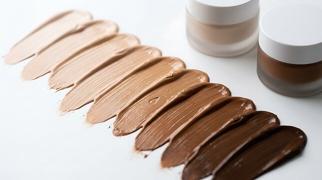 Various shades of liquid foundation makeup swatches on a table. global complexion collection