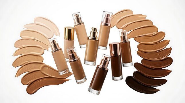 Liquid foundation makeup bottles with various skin tone shades swatches. global complexion collection