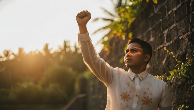 Proud Filipino man raising his fist in the air at golden hour sunset for a Philippine independence day freedom and national pride concept in a cinematic portrait