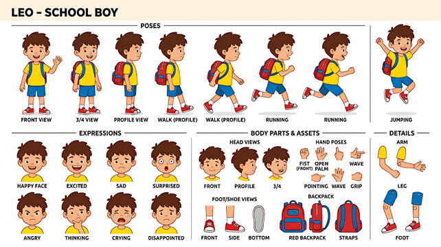 Schoolboy character development and educational activities. Young student engaging in classroom learning and playful exercises.