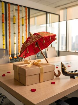 Festive Onam celebration in a modern corporate office setting featuring a brown gift box, traditional red umbrella, snake boat miniature, and marigold garlands.