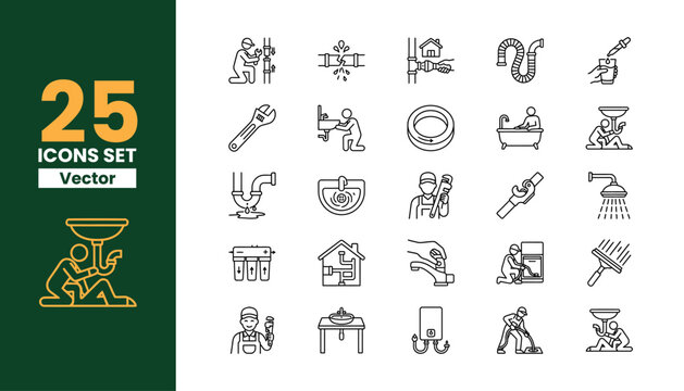 Plumbing repair 25 line icons set. plumber, leakage, water pipe, home maintenance linear icon collection for bathroom, kitchen and drainage services.