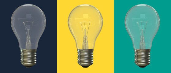 Three vintage light bulbs in a row on blue, yellow, and green background. Creative 3D render...