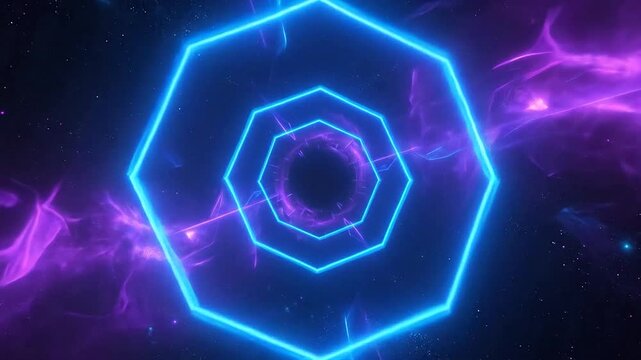 Futuristic octagonal neon tunnel in purple cosmic space