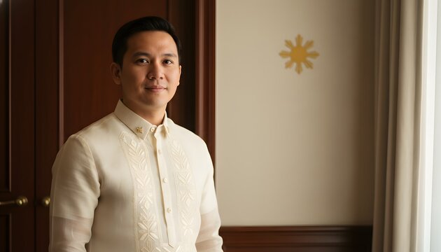 Handsome filipino man wearing traditional barong tagalog shirt standing indoors in an elegant room, celebrating culture and national pride for philippine independence day concept