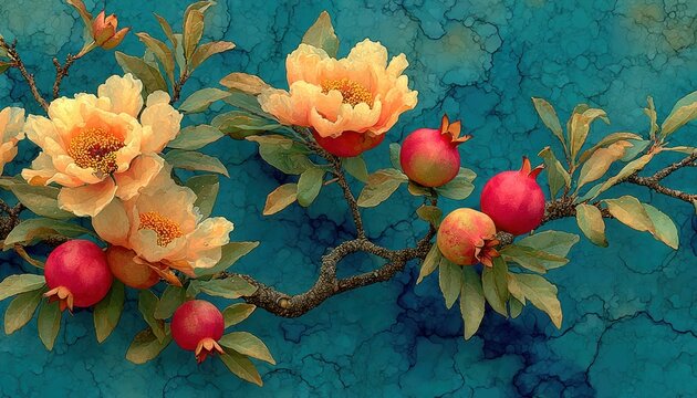 Watercolor pomegranate tree branch with fruit, soft brush textures in teal and gold, symbol of prosperity